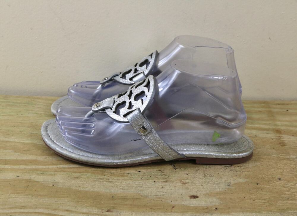Tory Burch Sandals 7.5M Silver Leather Miller Logo Thong Shoes Flats